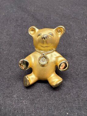 Vintage Giusti Gigi Gold Tone Teddy Bear Brooch With Rhinestone Accent Jewelry P